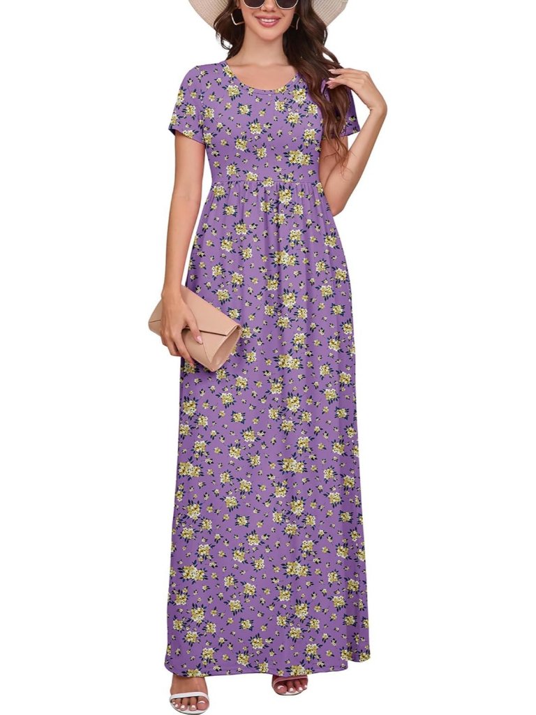 Women's Purple Yellow Maxi Short Sleeve Loose Plain Comfy Long Dress W/Pocket